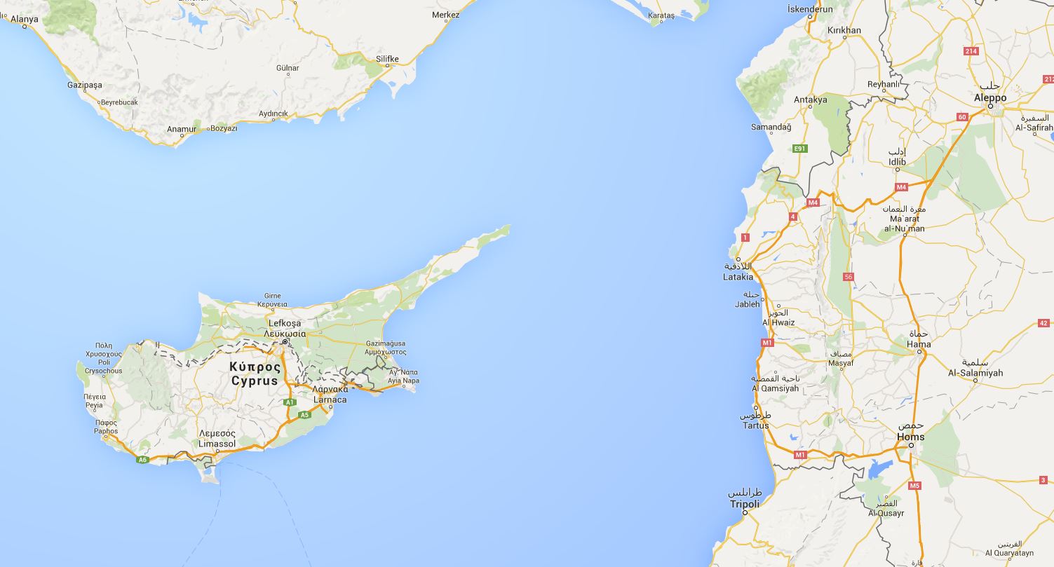 Avstanden er ikke lang fra Kypros til Syria (Kilde: Google Maps)