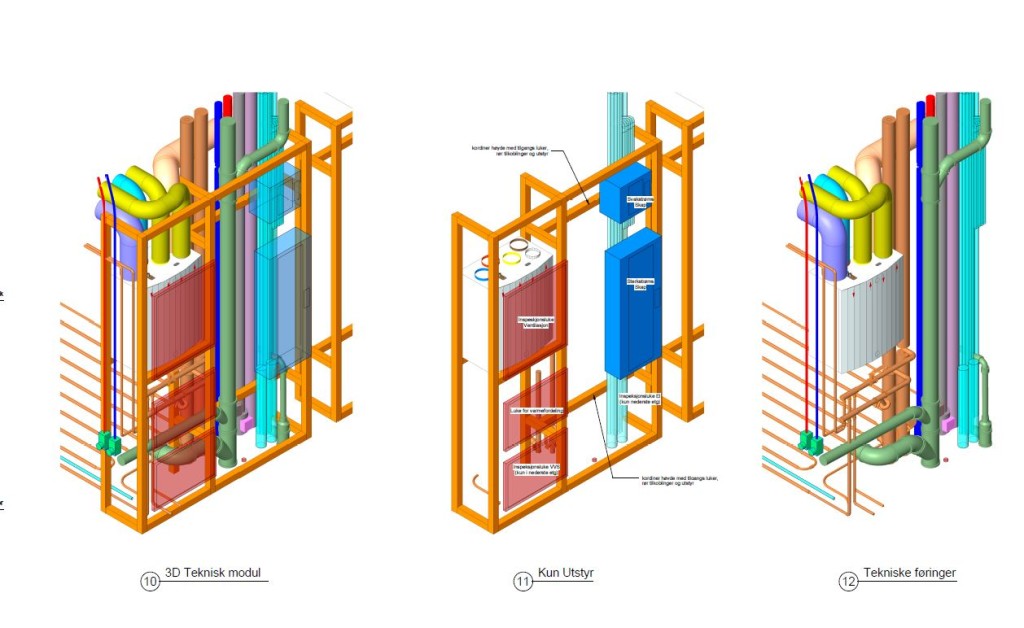 3D-skisser for de tekniske modulene som benyttes i hotellbyggene