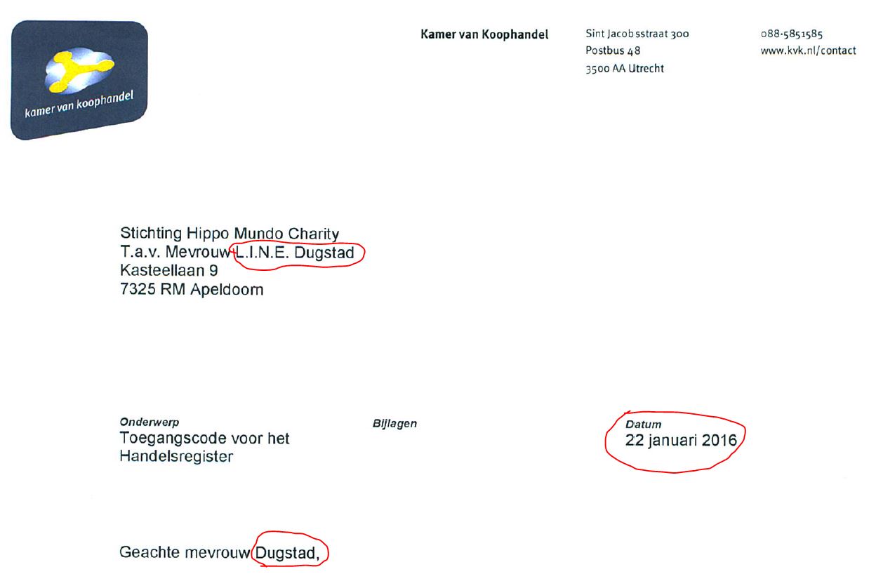 Brevet fra nederlandske registreringsmyndigheter, stilet til stiftelsen HMC ved Line Dugstad. Datoen er sammenfallende med tidsperioden der de straffbare handlingene fra den mistenkte nederlenderen fant sted.