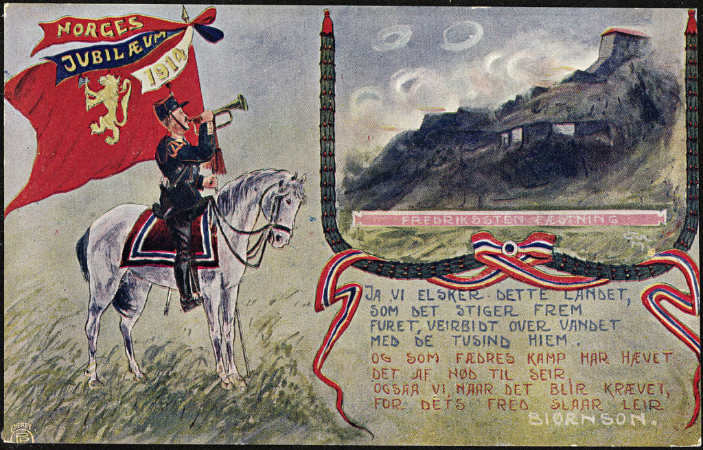Postkort fra grunnlovsjubileet i 1914. Strofene i nasjonalsangen er fortsatt like aktuelle i dag.