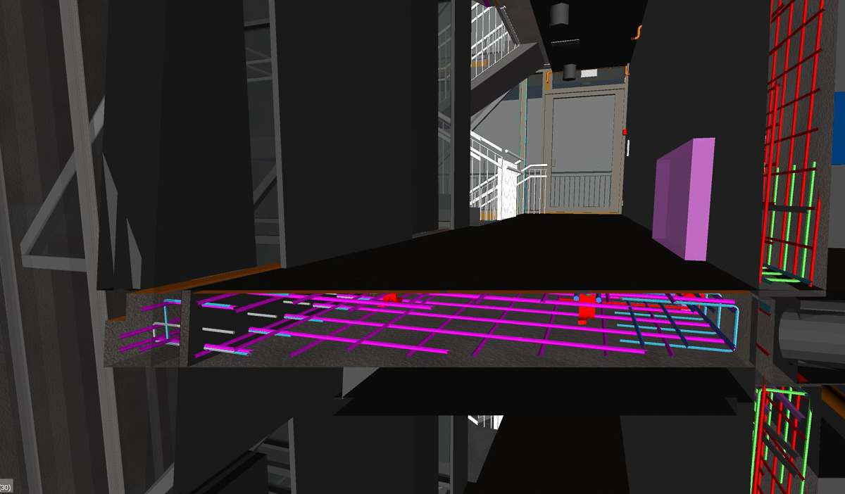 Her viser modellen hvordan armeringsstålet ligger i betongen i et trapperom.