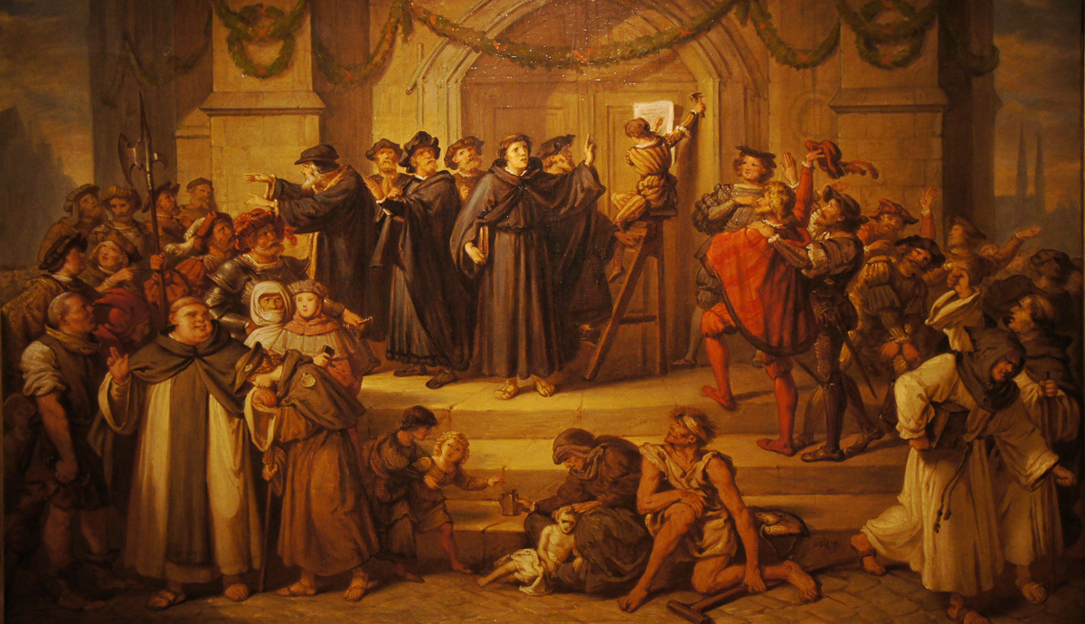 Slik ser en av senere tiders malere for seg at det så ut da Luther slo opp sine 95 teser